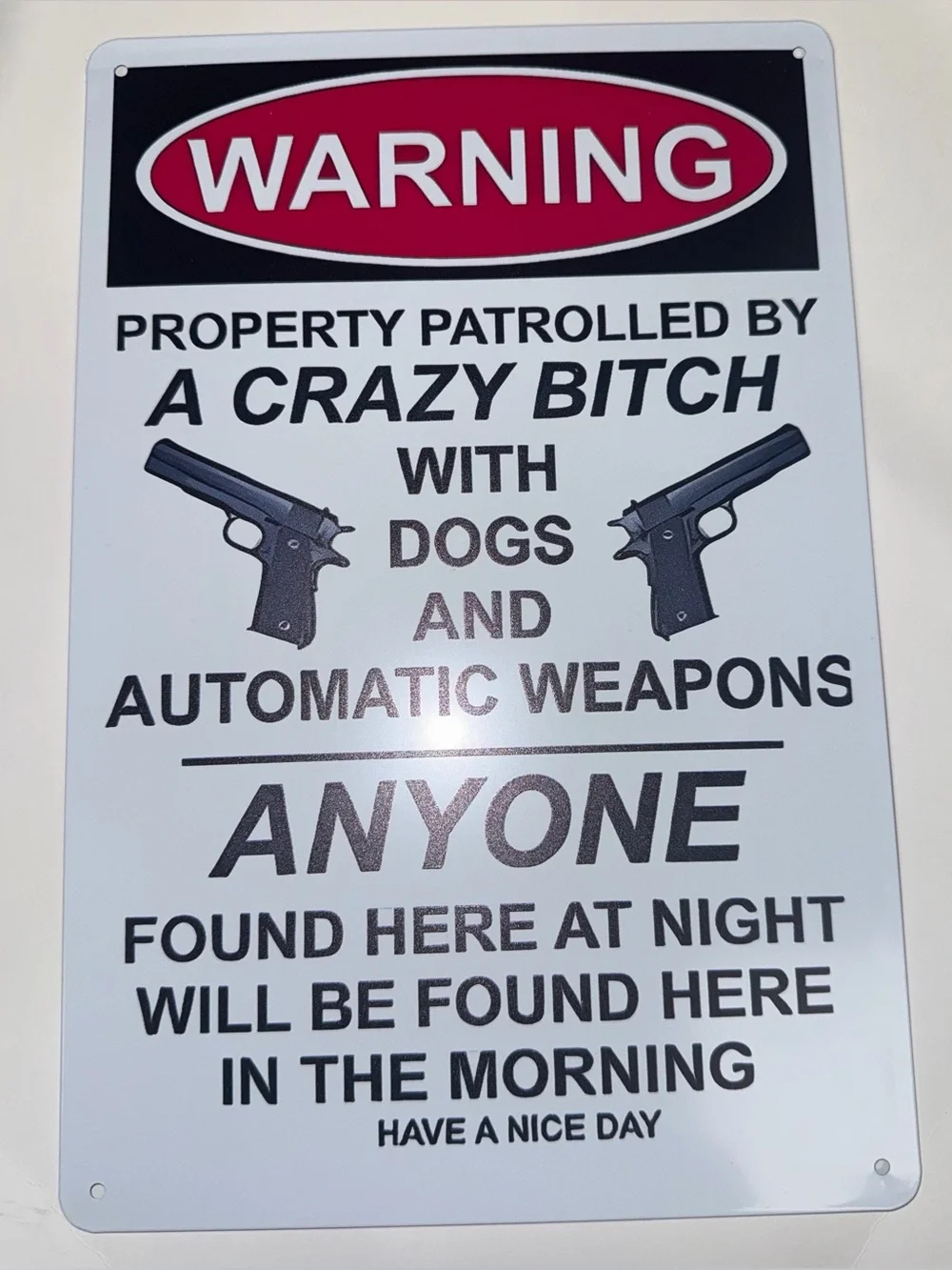 Warning Sign Metal Wall Art - White and Black 8x12 inch